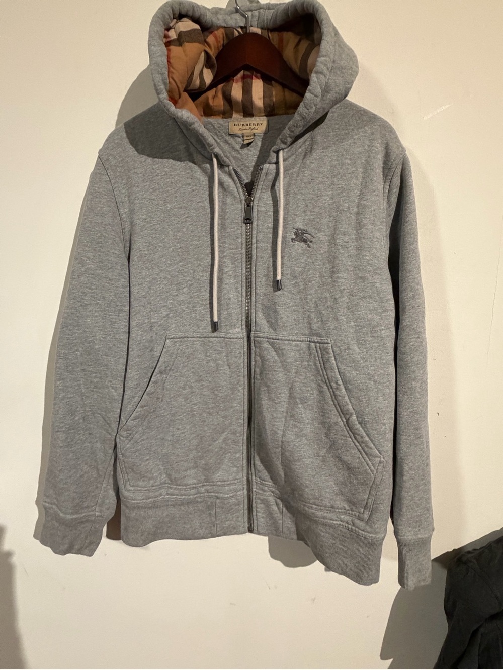 Burberry Gray Zip-Up Hoodie with Signature Check Hood Lining